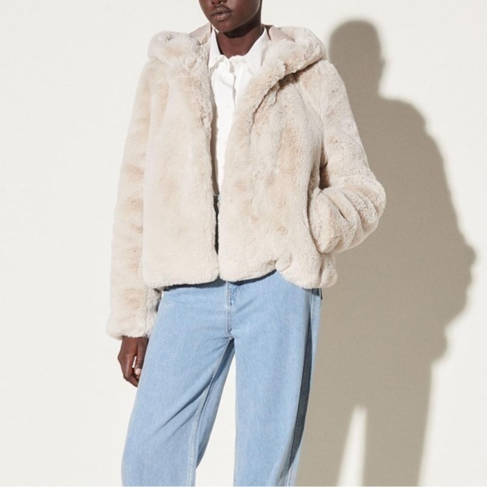 Sandro Hooded Ecru Faux Fur Coat 42 NWT